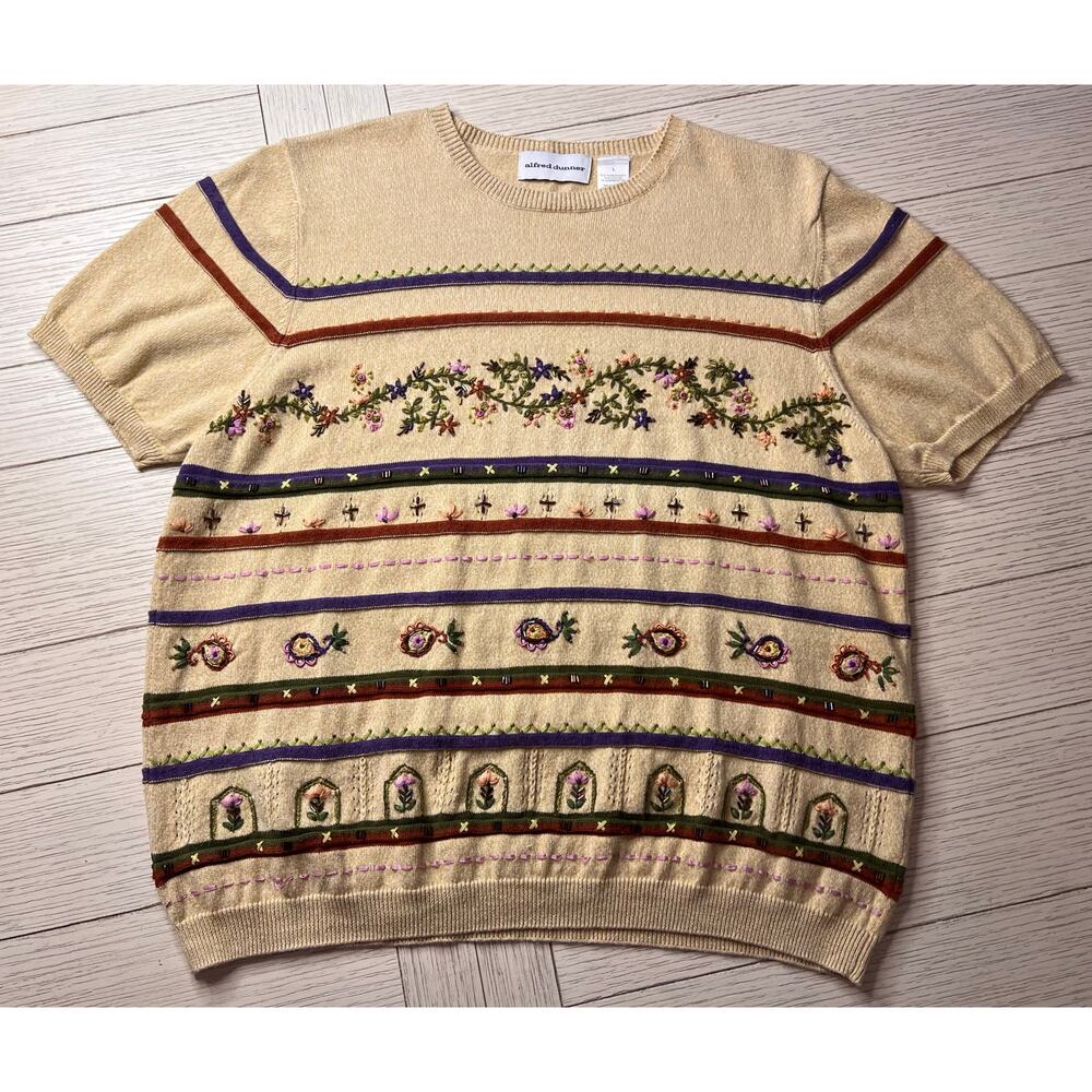 Alfred Dunner Women Knit SS Beaded Embroidered Sweater L Cottagecore Teachercore